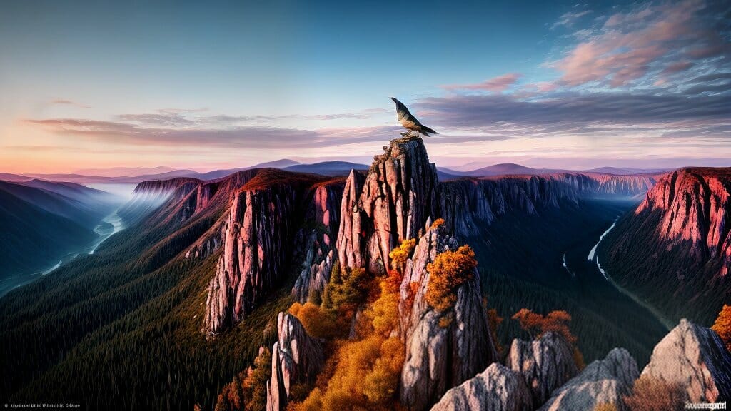 un halcón sobrevolando montañas y árboles